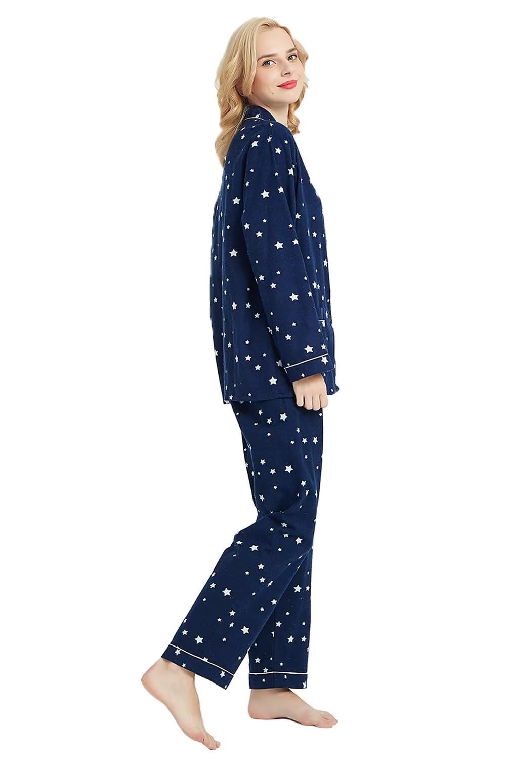 GLOBAL Pijamas Mujer Franela, Pijamas Algodon Mujer Largos, Conjunto de Pijama Suave y Cómodo, Camisones Mujer Botones, Cintura Elástica Ajustable，Regalo Mujeres,