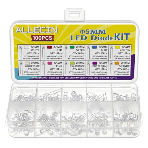 ALLECIN 100Pcs 5Mm Led Diodo Luz Sortido Kit 10 Cores Branco Vermelho Verde Azul Amarelo Branco Quen