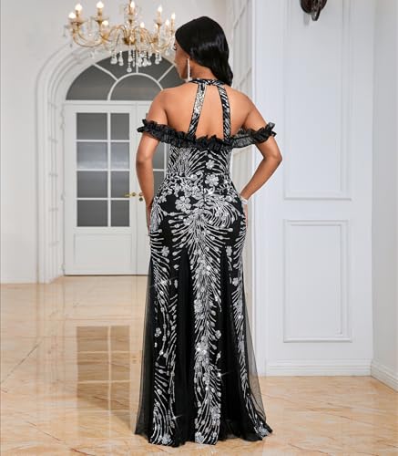 Image of Cololura Women Sexy Sequin Halter Neck Short Sleeve Mesh Perspective Party Bodycon Evening Cocktail Maxi Dress