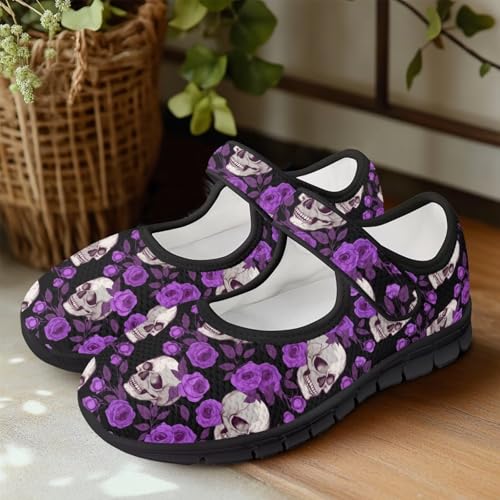 Skull Print Women's Mary Jane Shoes Slip Ons Breathable Cozy Shoes for Daily4