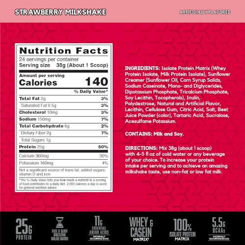 Image of BSN SYNTHA-6 Isolate, Strawberry Post Workout Protein Powder for Muscle Gain, Whey Protein Isolate, Milk Protein Isolate, Essential Amino Acids, Strawberry Milkshake, 2.01 Pounds, 24 Servings