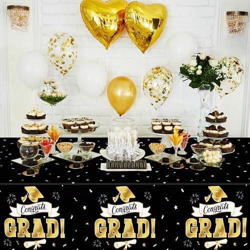 Image of 2Pack Graduation Decorations 2026, 108 inch X 54 inch Graduation Tablecover, Blackgold Rectangle Class of 2026 Table Cloths, Disposable Plastic Congrats Grad Tablecover for Grad Party Favors Supplies for Kids