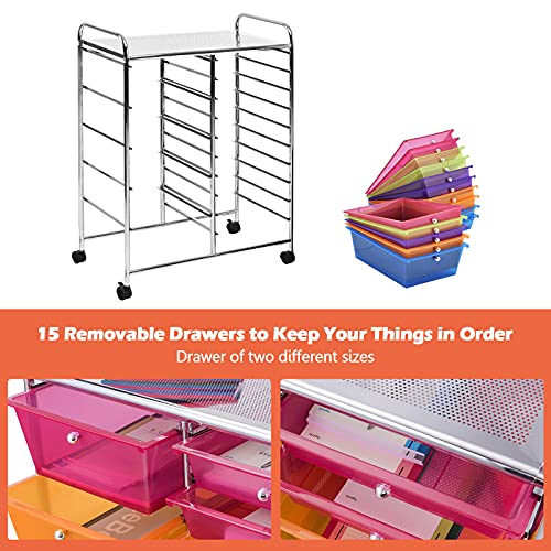 Goflame 15-Drawer Rolling Storage Cart, Multipurpose Movable Organizer Cart, Utility Cart For Home, Office, School (Multicolored & Clear) #TOP3