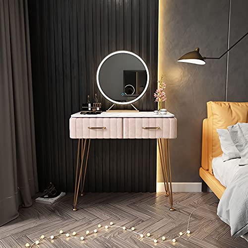 鏡台 ドレッサー お姫系 化粧台収納 ベロア椅子 北欧風 オシャレ LEDミラー 化粧テーブル 収納付き セット 108 (80cmデスク+LEDミラー（2点）, ベージュ)