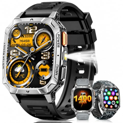 Image of Smart Watches for Men, 1400mAh Military Smart Watch with LED Flashlight, 2.01 inch Fitness Tracker, Bluetooth Call, 100+ Sports, Heart Rate SpO2 Sleep, IP68, Smart Watch for Android Phones & iPhone