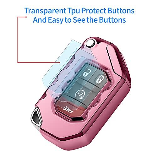 Image of Compatible with Jeep Key Fob Cover With Leather Keychain Soft TPU Protection Key Case for 2018-2026 Wrangler JL JLU Rubicon Wagoneer Gladiator JT Sahara JLU Remote Key (Pink)