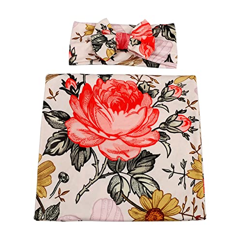 Image of Galabloomer Newborn Receiving Blanket Headband Set Baby Flower Swaddle