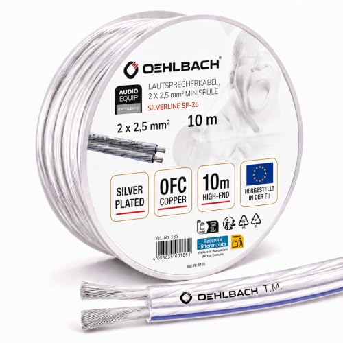 OEHLBACH Silverline SP-25 - Stereo HI-FI Lautsprecherkabel - Boxenkabel mit SPOFC (versilbertes Kupfer) 2x2,5mm² - Mini Spule Lautsprecher Kabel - 10m