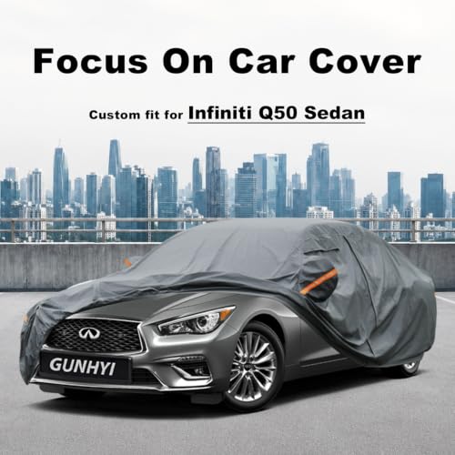 Image of GUNHYI Premium Car Cover Custom Fit Infiniti Q50 Sedan (2013-2026), 16 Layers Heavy Duty Car Cover Waterproof All Weather with Zipper Door for Sun Rain Snow Dust Uv Protection