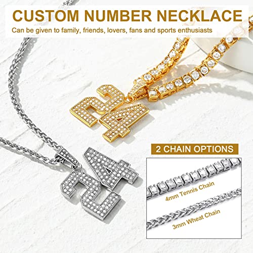 KeyStyle Number Necklaces For Men, Bling Numbers Chain Necklace Hip Hop Simulated Diamond Pendant with Tennis Chain Spiga Chains4