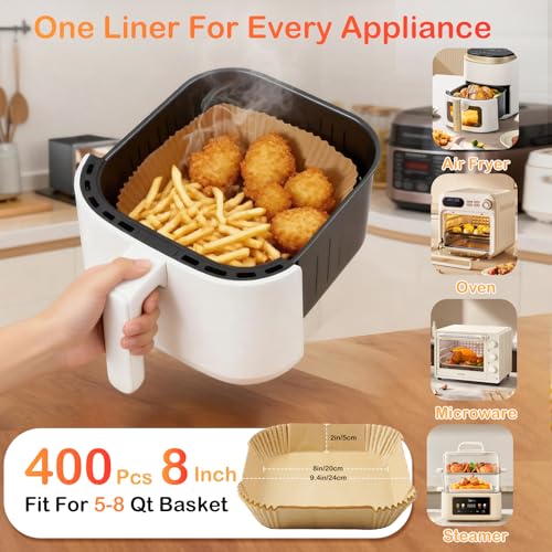 Image of 400 Pcs Air Fryer Liners Disposable, 8 inch Square Unbleached Heavy Duty Air Fryer Paper Liners, Parchment Paper for 5-8 qt Airfryer Basket, Non-Stick & Non-Leak Airfryer Liners for Deep Fryer Accessories