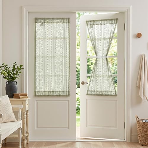 Image of MYSKY HOME Sage Green Lace French Door Curtains 40 inch Long 2 Panels Boho Sheer Floral Curtains for Door Window Scalloped Doorway Sidelight Curtains Come with 2 Matching Tie-Backs, 26 inch W Each Panel