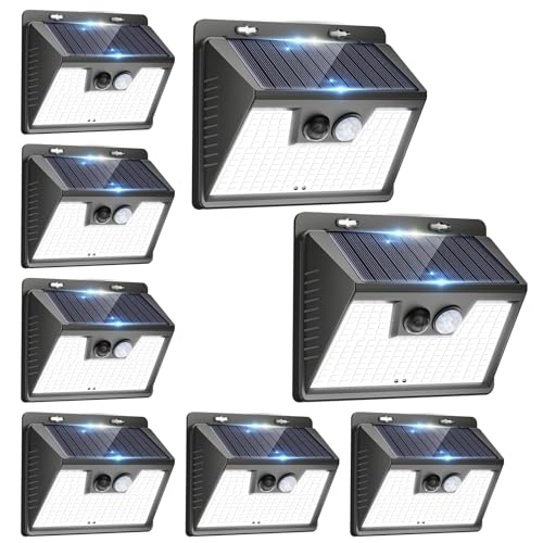 Image of Peasur Solar Powered Lights Outdoor, 140 LED 8Pack Motion Sensor Light Outside, IP65 Waterproof Fence Security Lighting with 3 Modes for Yard Wall Garden Cool White