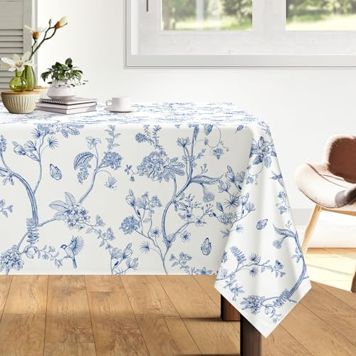 Arquiel Mantel Rectángula Pájaro Flores Azul, Manteles Flores De Campo Francés Mantel Chinoiserie Impermeable Antimanchas Poliéster Lavable Duradera para Cocina Comedor Fiestas (152×304cm)