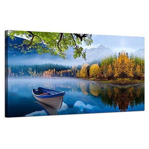 Arjun Lake Canvas Wall Art Blue Mountain Sky Nature Landscape Boat Picture Artwork Modern Scenic Painting Framed Large Size for Living Room Bedroom Bathroom Dinning Room Home Office Wall Decor 40″x20″