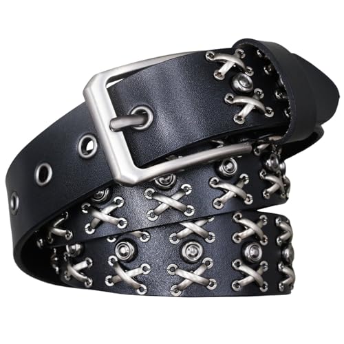 Unisex 1.5-Inch Wide Studded Black Leather Belt With Circle Cross Rivets & Single Prong Square Buckle