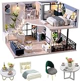 CUTEROOM DIY Miniature Dollhouse Kit with Furniture, Wooden Doll House Kit with LED Lights (L032)