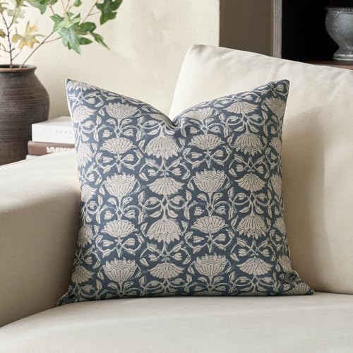 DOMVITUS Floral Pillow Covers 18x18 Decorative Throw Pillow Covers Floral Block Print Farmhouse Vintage Pillow Cover for Living Room Couch Bed Dusty Blue 1PC