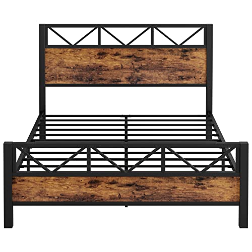 Image of LIKIMIO Queen Bed Frame, Tall Industrial Headboard 51.2 inch, Platform Bed Frame with Strong Metal Support, Solid and Stable, Noise Free, No Box Spring Needed, Easy Assembly, Vintage Brown