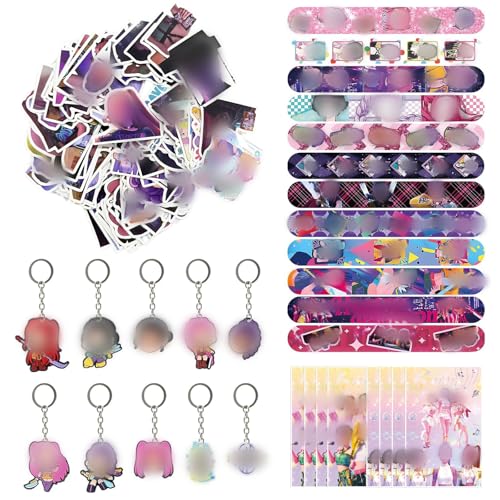 YCWSSB Set de Cadeaux Kp Demo Hunte pour Fêtes de 136 Pièces – 12 Bracelets à Fermoir, 10 Porte-Clés en Silicone, 10 Sacs Cadeaux, 104 Autocollants – Fournitures Complètes pour Fêtes d'Enfants