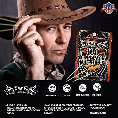 Bite My Wood Cinnamon Toothpicks - Infused 3 Times Flavor Toothpicks May Aid In Quit Smoking, Zero Calories Keto Friendly, May Help Curb The Urge When Dieting - 100 Count (Cinnamon)