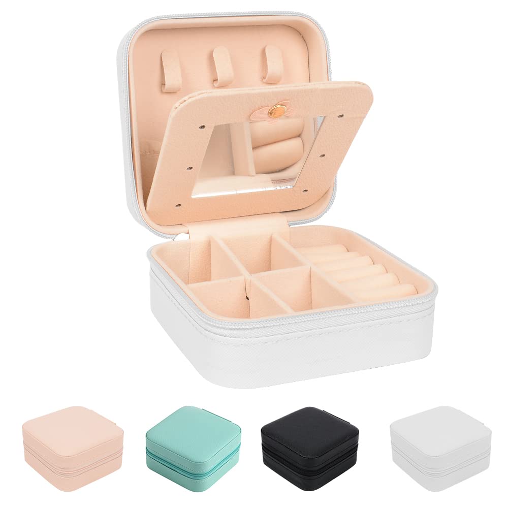 Jaragar Women's White With Mirror Small Jewellery Box With Mirror, Portable Jewellery Organiser Mini Travel Jewelry Box For Rings Earrings Necklace Jewelry Gift For Girls