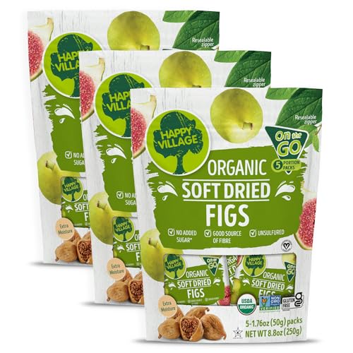 Happy Village Organic Soft Dried Figs On the Go â€“ 3 Bags (15 Individual Portion Packs) | Healthy, Organic, Non-GMO, Vegan, Kosher, Gluten-Free Snack Packs