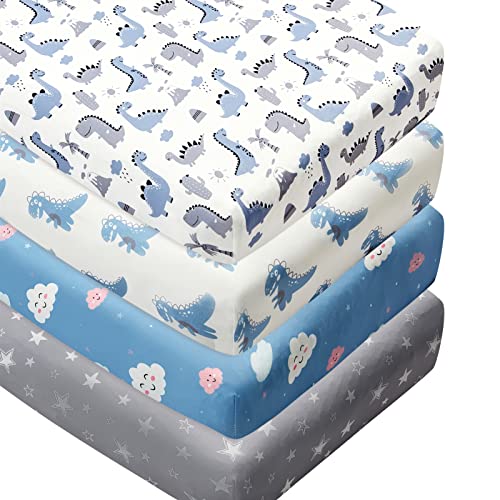 Image of 4 Pack Soft Baby Boy Crib Sheets for Standard Crib Mattress Dinosaur Star Cloud Soft Polyester Neutral Unisex Fitted Crib Sheets Set for Baby Boys