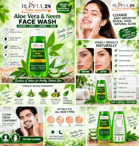 Image of Aloe Vera & Neem Face Wash with Turmeric for All Skin Types | Soap Free & Paraben Free Facial Cleanser | Gentle Daily Face Wash for Men & Women | Helps Cleanse Skin, Remove Excess Oil & Impurities | 100 ml