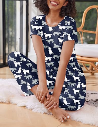 Image of Ekouaer 2 Pack Pajamas for Women Set Short Sleeve Sleepwear Top and Pants Pjs Soft Printed Lounge Sets with Pockets