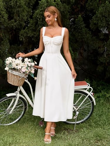 Image of KUTUMAI Floral Corset Midi Dresses for Women 2026 Lace Up Flowy Summer Wedding Guest Dress with Pockets