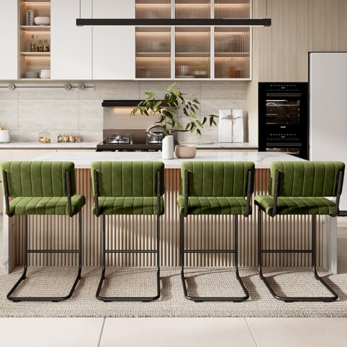 Image of ONEVOG 24 Inch Green Counter Bar Stools Set of 4, Mid-Century Modern Counter Height Cantilever Chairs for Kitchen Island, Upholstered Velvet Fabric Barstools with Back and Metal Leg, Olive Green