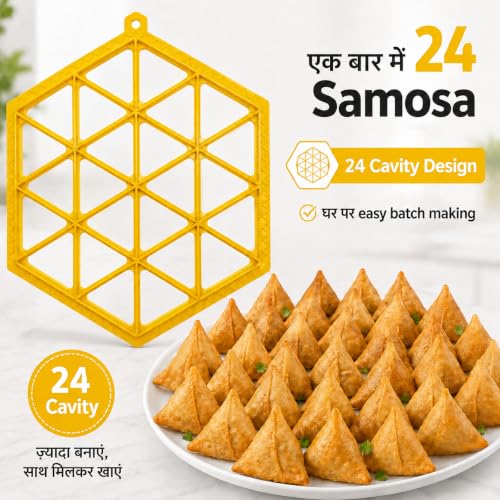Image of Samosa Maker Mould, 24 Cavity Samosa Tray, ABS Plastic - Yellow | Sealing dots, ABS plastic body, makes 24 samosas at once; keep filling away from edges for better sealing, Made in India