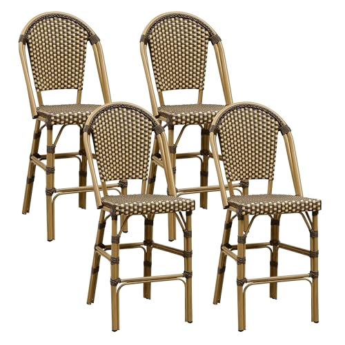 Image of PURPLE LEAF French Counter Height Bar Stool Set of 4 25 inch Bamboo Print Finish Patio Bar Chairs with Back Rattan Bar Chairs French Bistro Set for Kitchen Outdoor Counter Stool Brown