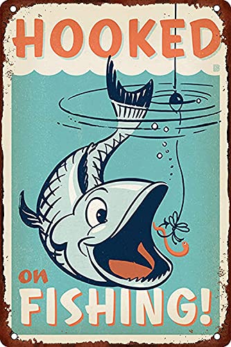 YY-one Plaque murale en métal vintage Hooked on Fishing 20,3 x 30,5 cm Cover
