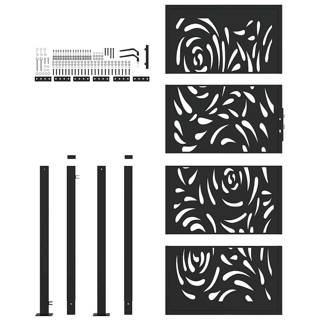 Festnight Puerta Jardin Metalica 105 x 205 cm, Puerta para Valla con Sistema de Cerradura Acero Oxidado, diseño Llama Acero/Negro