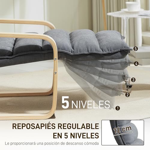 Miniatura 5 de Homcom Sillón De Salón Con Reposapiés Ajustable, Butaca De Salón Tapizada En Terciopelo, Marco De Madera, Sillón De Relax Para Dormitorio, Oficina, Estudio, 67x93x105 Cm, Gris Oscuro
