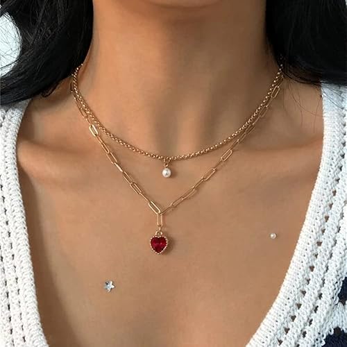 Joyería de moda - Colgante de ojo turco de hip hop collar con dije de corazón de cristal rojo de perlas punk para mujer vintage linda cadena de