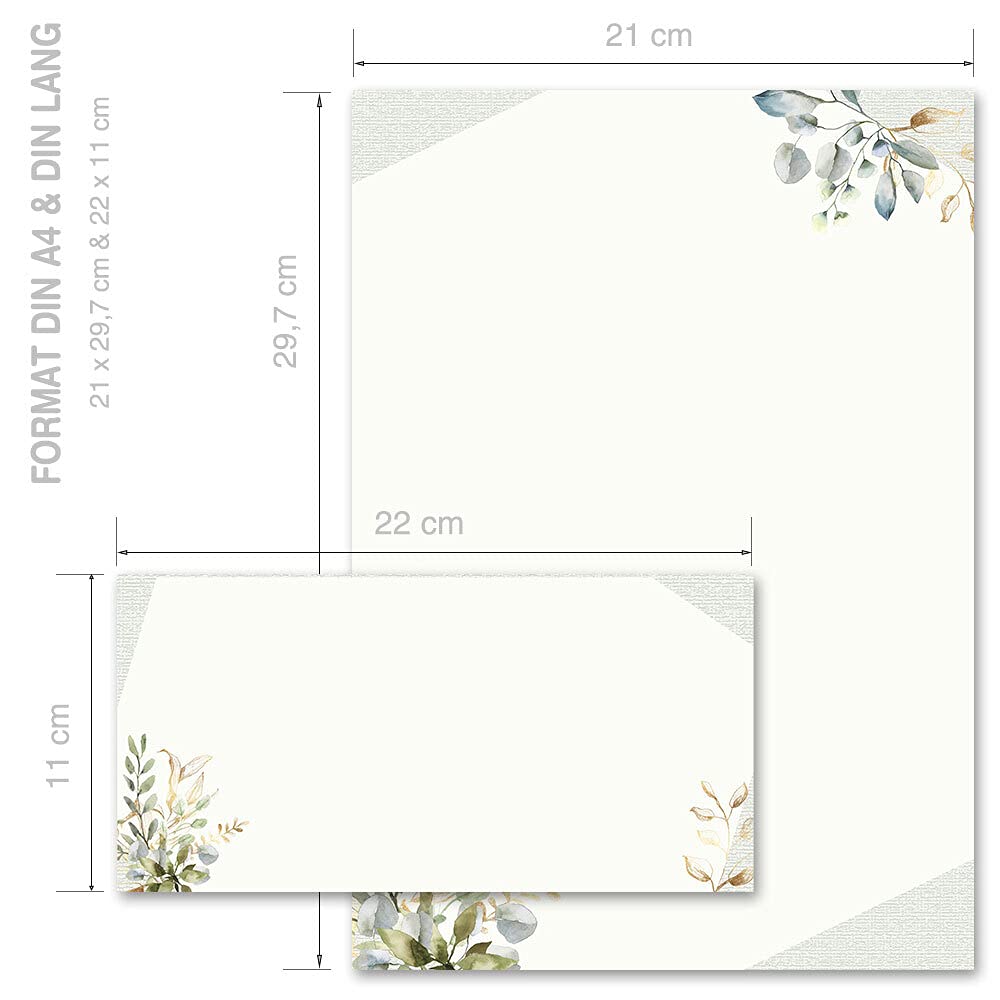 Set Cancelleria 40 Pezzi Rami Verdi - 20 Fogli Carta Lettera + 20 Buste A4 Senza Finestra