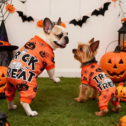 Hund Halloween Pyjamas Weiche Halloween Hundekleidung Kürbis Hunde Pjs Onesie mit Füßen Welpen Pyjamas für Kleine Mittlere Hunde Junge Mädchen Katze Bekleidung S