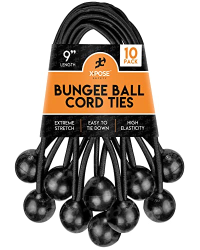 Xpose Safety Bungee Ball Cords 9" 10 Pack Heavy Duty Black Stretch Rope with Ball Ties for Canopies, Tarps, Walls, Cable Organization