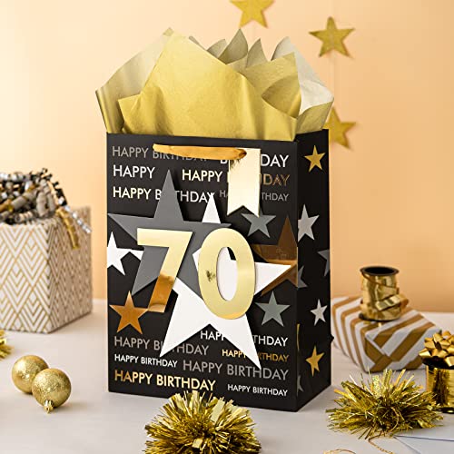 Image of Loveinside Birthday Gift Bag with Tissue Paper and Greeting Card for 70 Birthday - 13 inch x 10 inch x 5 inch, 1 Pcs, Black Gold