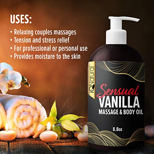 Iq Natural Edible Massage Oil for sensual massage infused with real vanilla, relaxing blend of sunflower oil and fractionated coconut oil - for massage therapy and aromatherapy - 8.8 fl oz