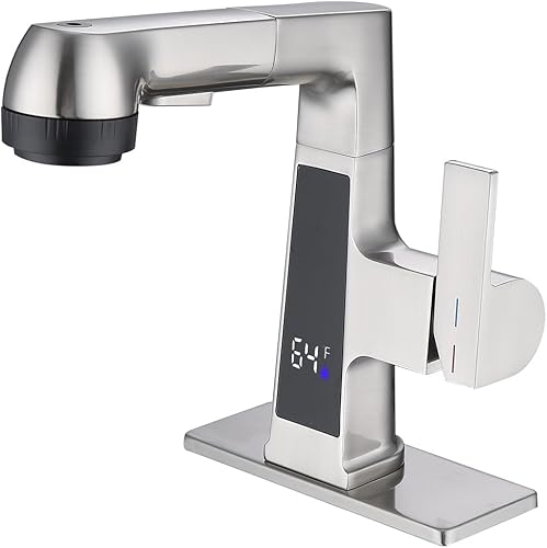Qeemee Grifo de baño LED con rociador extraíble, grifo de fregadero de pantalla digital de temperatura cromada, 5 modos de flujo de agua, grifos de