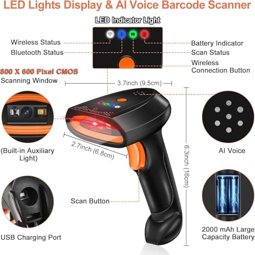 Image of ONLYU Bluetooth Barcode Scanner, Wireless 2D QR 1D Bar Code Scanners with LED Lights Display & AI Voice, Plug & Play Handheld Barcode Reader for iPhone, Android, iPad, Tablet, PC (LED Barcode Scanner)