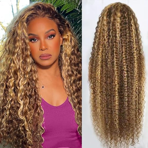 abbildung 30inch Highlight Ombre Lace Front Wig Human Hair 13×6 HD Honey Blonde 4/27 Deep Wave Lace Frontal Wigs Glueless Wigs Human Hair Pre Plucked with Baby Hair 200 Density
