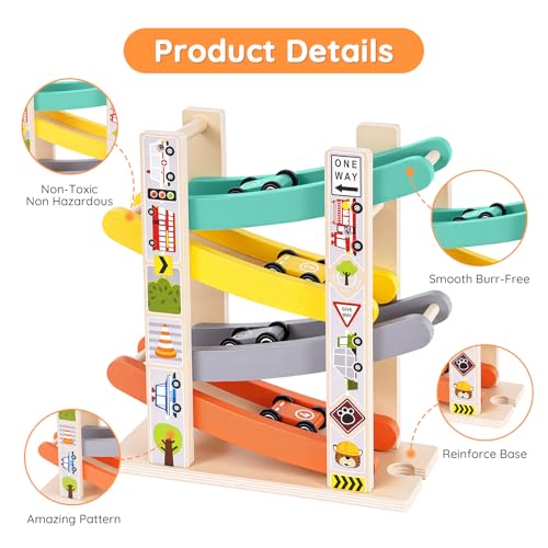Wooden Car Tracks for Toddlers 1-3, Race Cars Ramp Track with 4 Mini Cars :D91110CG - image 2