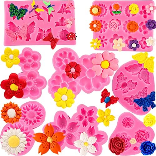 Flower Silicone Cake Molds,Butterfly Candy Molds Rose Mold Leaf Mold Silicone for Cake Decorating Cupcake Topper Cake Pops Candy Soap Making (8 Flower Mold)