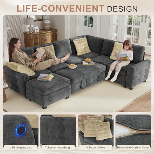 Image of Hanherry Sectional Couch with Pull Out Sofa Bed,Chenille Sleeper Sofa with Storage Ottoman & USB Charging,Comfy L Shaped Modular Couches for Living Room,Apartment