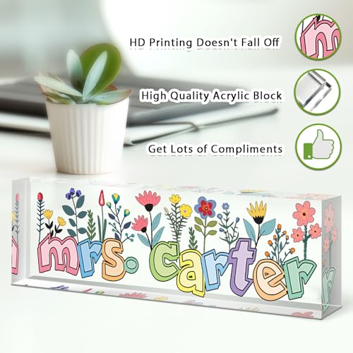 Image of Teacher Name Plate for Desk, Desk Name Plate Personalized, Office Decor for Women Men, Acrylic Desktop Accessories, Office Appreciation Gifts for Teacher Boss Social Workers Nurse Employee (Orchid)